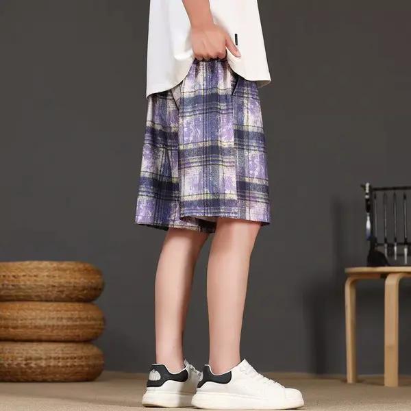 Men's Tie Dye Plaid Shorts High Street Trendy Summer Thin Casual Retro Style Loose Five Point Pants_viptrois.com
