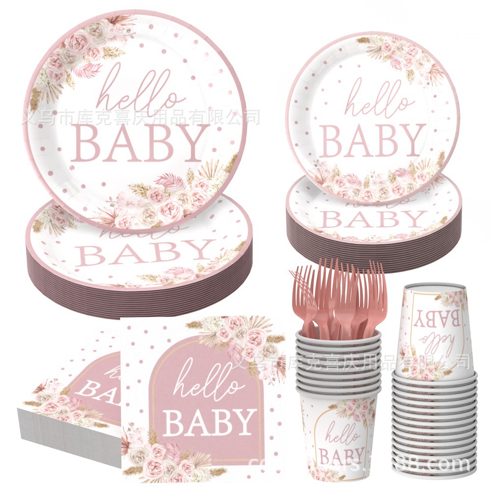 Nuevo plato de fiesta de bautizo de bebé bohemio rosa BABY plato de papel de cumpleaños taza de papel toalla de papel vajilla suministros