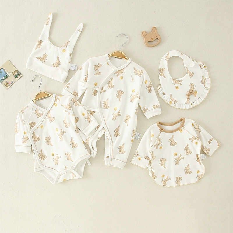 Детский комбинезон Весенне-осенняя одежда для новорожденных Хлопковая одежда с полным принтом кролика с короткой спиной Сумка Толстая одежда Пижамы для скалолазания