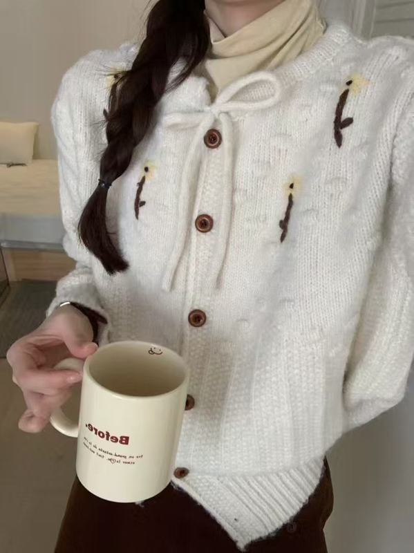 精致手工立体绣花单排扣针织毛衣开衫女秋季新款糯叽叽系带小外套|undefined