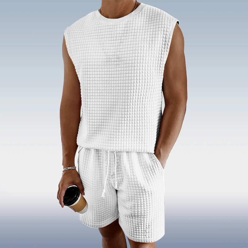 Men's Sports Suit For Summer Leisure Small Checkered Sleeveless Vest And Shorts Set New_voghion.com