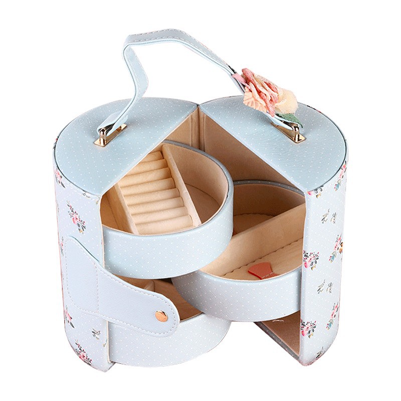 米色首饰盒圆筒收纳盒手提pu皮革化妆品简约时尚耳环批发高级珠宝