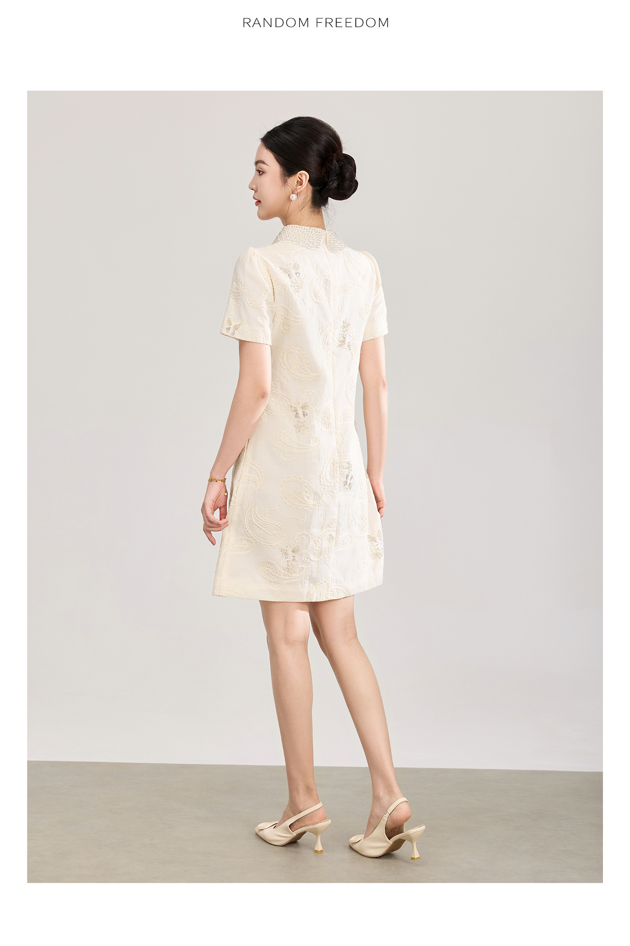Đầm suông nữ midi cổ búp bê tay ngắn thêu ren đính cườm phong cách tiểu thư — màu sắc chi tiết 15