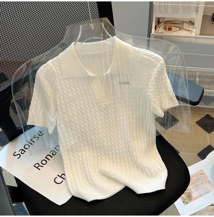 Polo Collar Ice Silk Knit Top For Women, Thin Loose Fit, Slimming, Plus Size, Short Sleeve T-Shirt_ecoleips.com