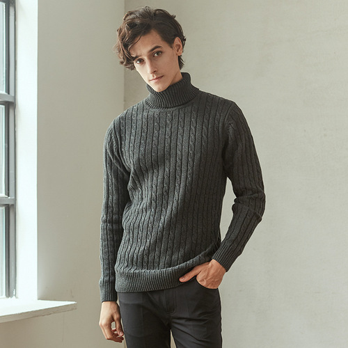 Men's Outerwear Twist Print Large Knit Sweater Stylish Men's Korean Version Tall Collar Sweater Youth Base Shirt
