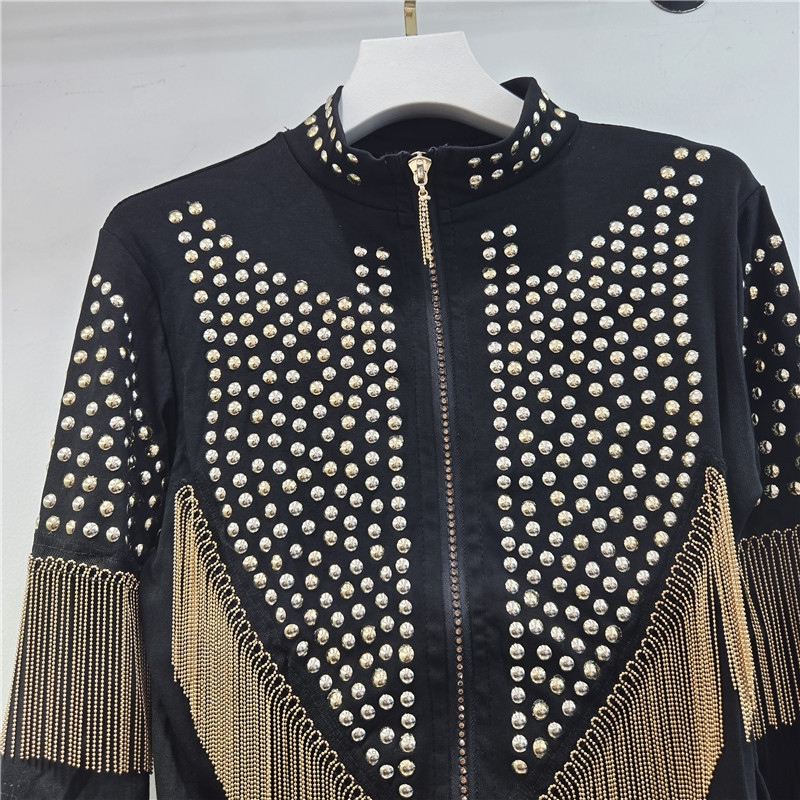 Europa y América de la industria pesada remaches con bordas Cardigan chaqueta de mujer de estilo extranjero cuello elástico delgado corto americano chaqueta caliente