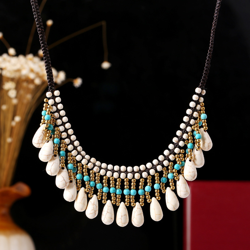 turquoise woven short necklace natural stone handmade drop-shaped
