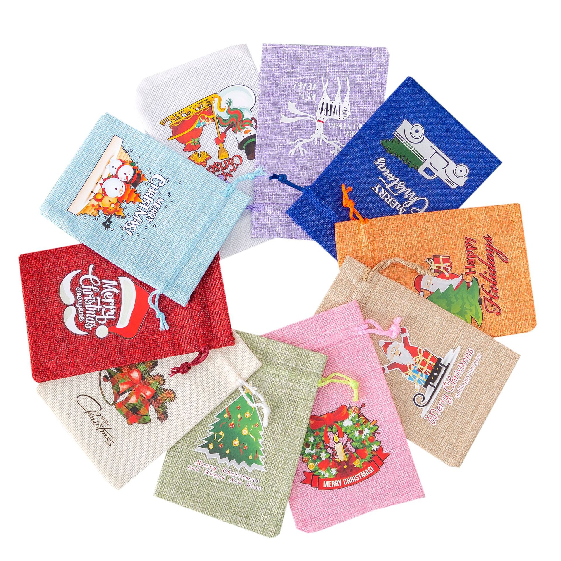 现货创意圣诞节印刷麻布袋 束口麻布袋仿麻文玩节日礼品包装袋