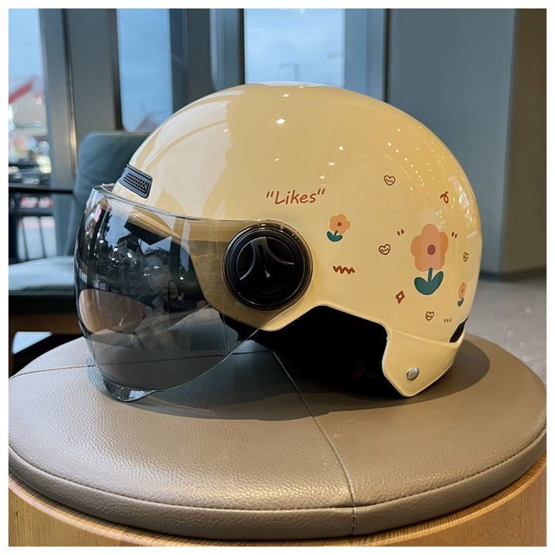 3C Certified Electric Vehicle Helmet for Women, Suitable for All Seasons, Sun Protection, National Standard Safety Helmet, Small Floral Design, Summer Half Helmet