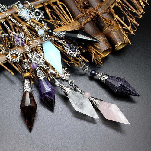 Foreign trade jewelry wholesale natural stone double-pointed rhombus cut surface pendulum dream catcher six-pointed star pendant spiritual hammer