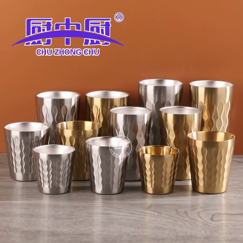 Korean-style 304 stainless steel double-walled cup with hammered pattern, creative unbreakable gold takeaway cup for beer juice outdoor cup