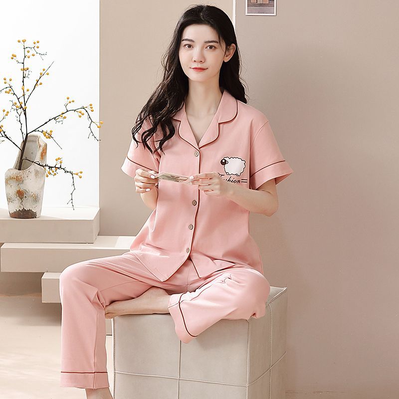 Pijamas de mujer primavera y verano 2023 nuevo 100% algodón cardigan pantalones de manga corta casual traje de desgaste para el hogar