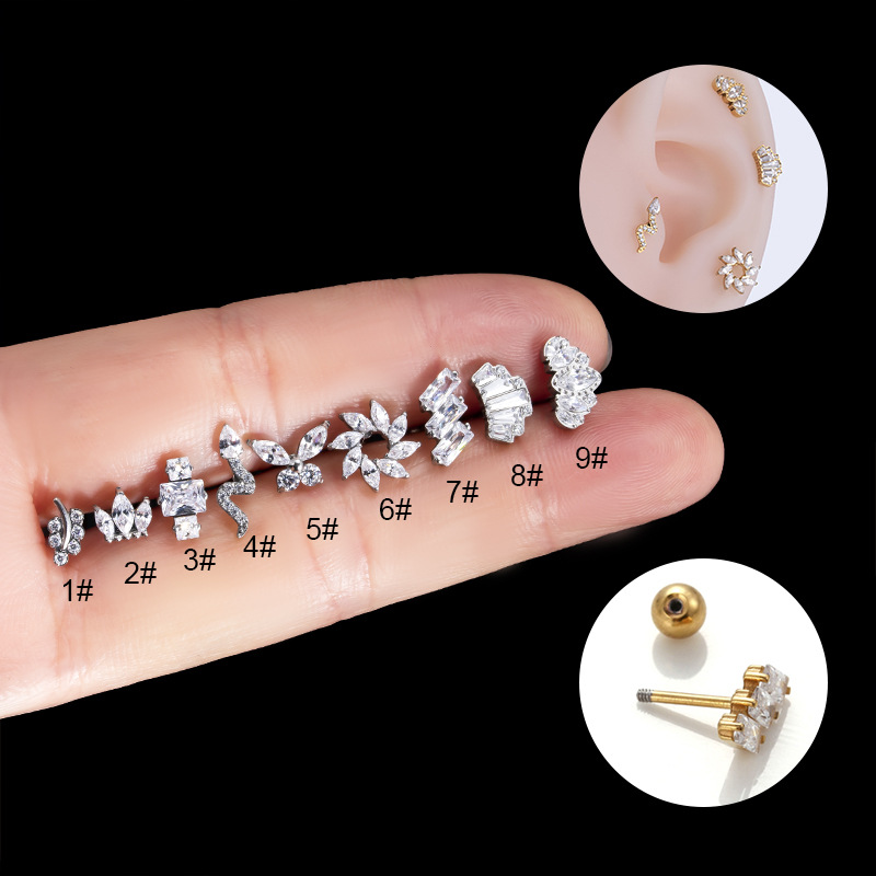 5g Weight Zircon Inlay Material Ear Studs Classification 1 Piece 316L Stainless Steel  Copper Zircon Ear Cartilage Rings & Studs Snake Waterproof Non Tarnish Surgical Steel Women'S