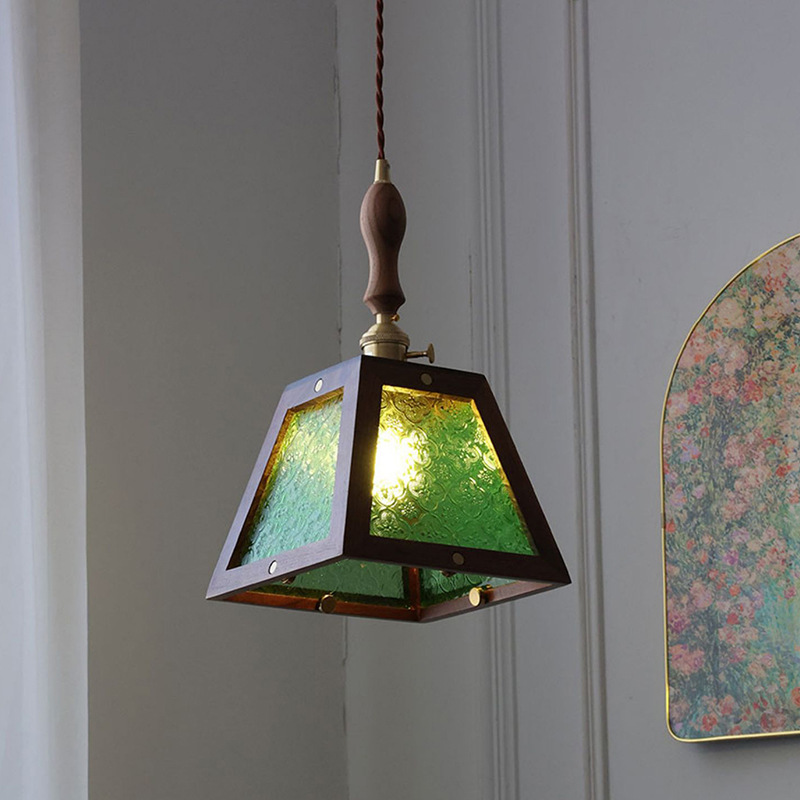 Retro Walnut Shelf Begonia Flower Glass Solid Wood Brass Chandelier Bedside Bedroom Restaurant Bar Aisle Lamps