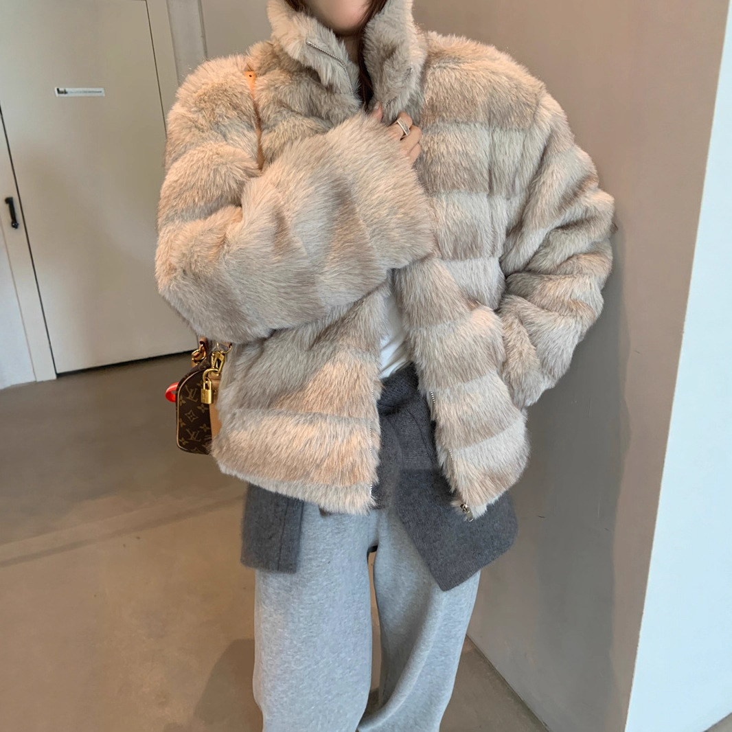 实拍 复古仿貂毛柔雾渐层宽松加厚夹棉毛毛环保皮草外套短款上衣