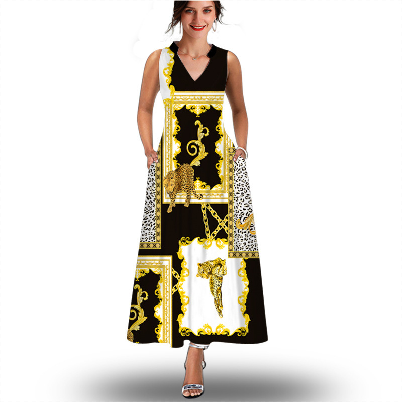 2022 cross-border European and American new sleeveless dress women's casual printed large swing dress bohemian beach dress