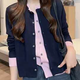 大码胖mm撞色针织衫开衫女装2025早秋穿搭假两件上衣时尚洋气毛衣