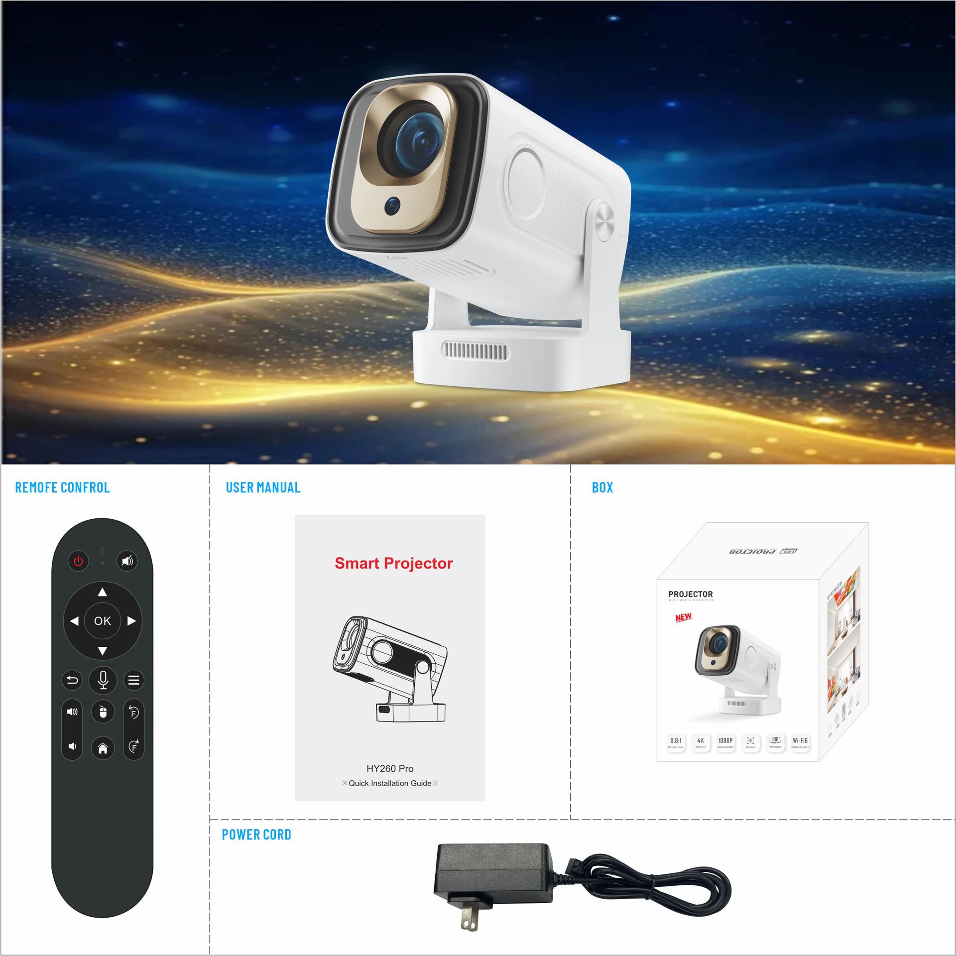 New Product Hy260Pro Voice-Controlled Projector True 1080P Mini Ultra-High-Definition Android Smart Autofocus Portable