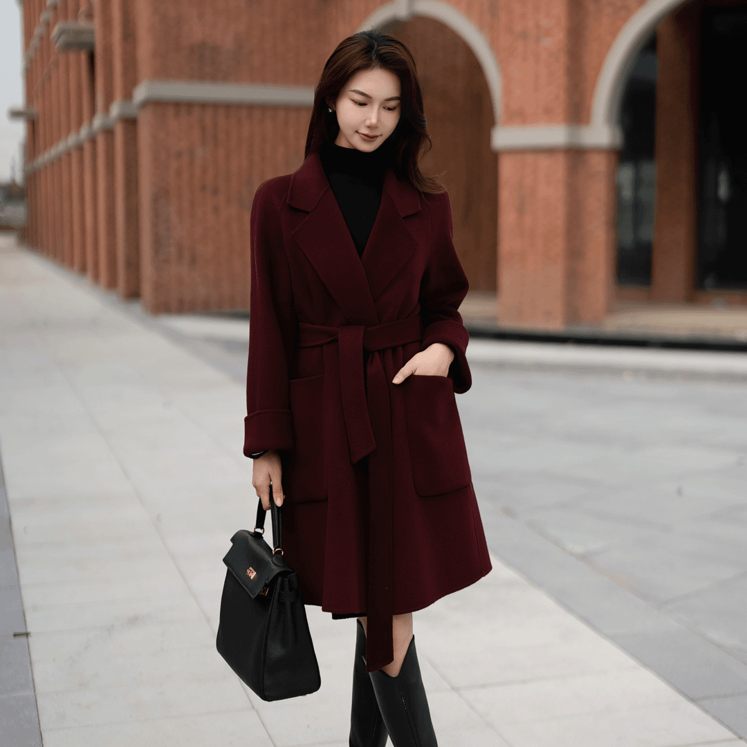 2025 New Autumn and Winter Amber Streamer Mid-Length Lapel Slim Woolen Outwear Double-Sided Woolen Outwear for Small People Red