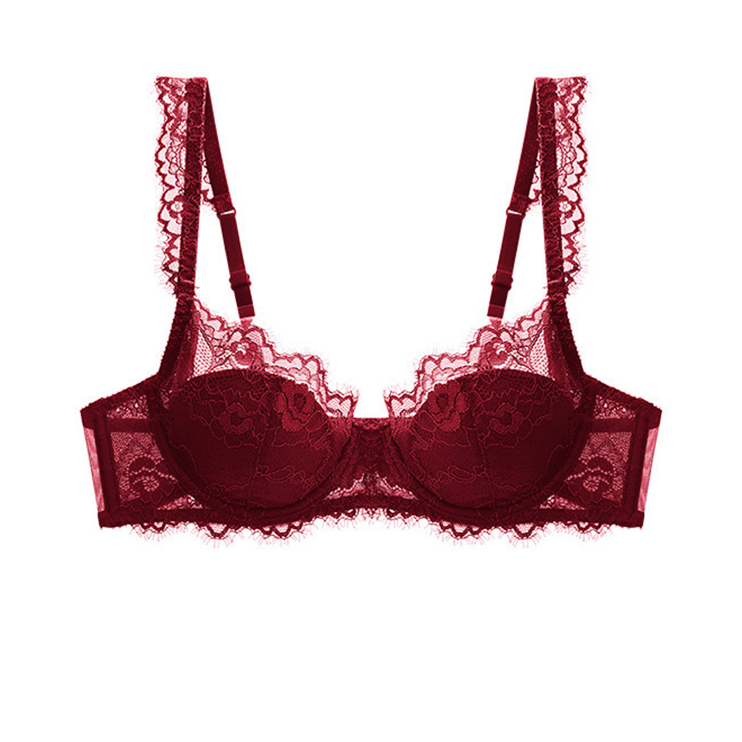 Ropa interior de encaje sexy transfronteriza estilo fino conjunto de sujetador rojo recogido año natal sujetador puro francés bragas mujeres