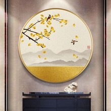 新中式圆形装饰画走廊玄关进门客厅装饰画餐厅轻奢壁画银杏叶挂画