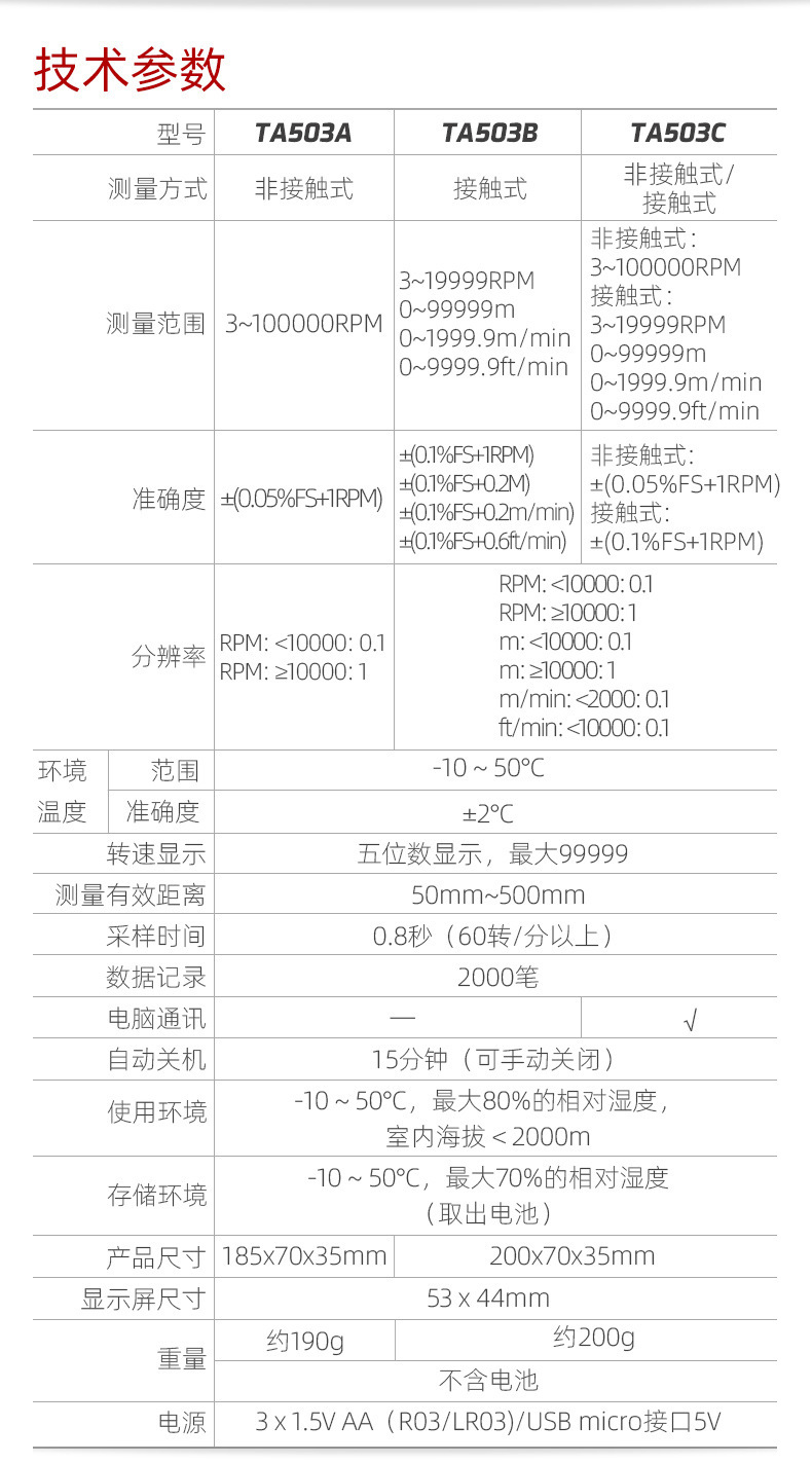 Teans TA503A/B/C Digital Display Laser Tachometer Contact Tachometer Motor Line Speed Measuring Instrument
