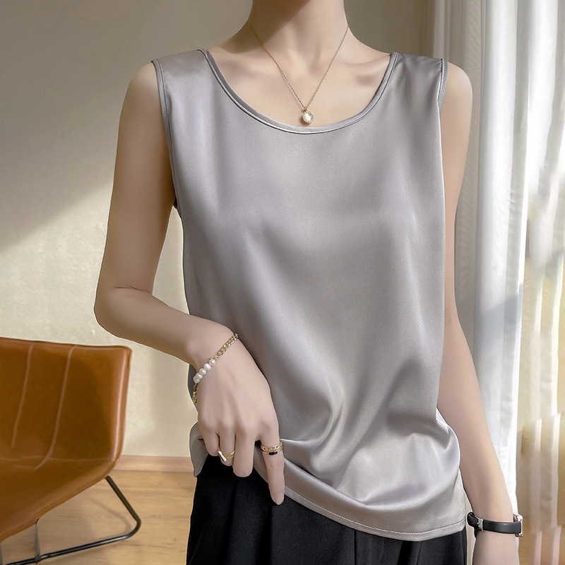 Summer Satin Imitation Silk Round Neck Camisole for Women, Loose Fit, Slimming Sleeveless Top, Pullover Undershirt