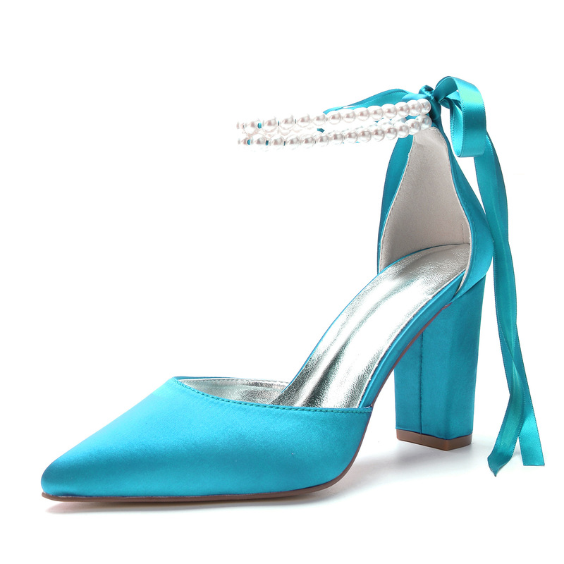 Foreign Trade Large Size Pointed Sky Blue Sardine High Heels 9cm Thick Heel Pearl Ribbon Wedding Shoes Satin Women's Shoes