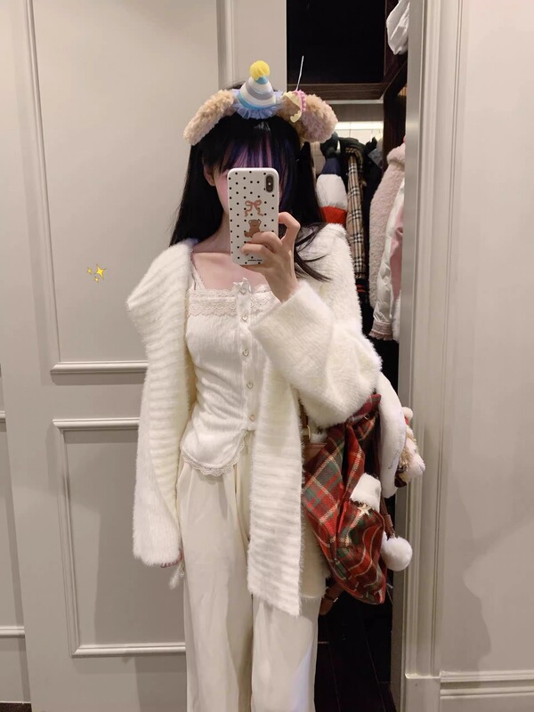 韩版慵懒风奶白色仿水貂毛衣女秋冬新款软糯宽松连帽针织衫外套潮|undefined