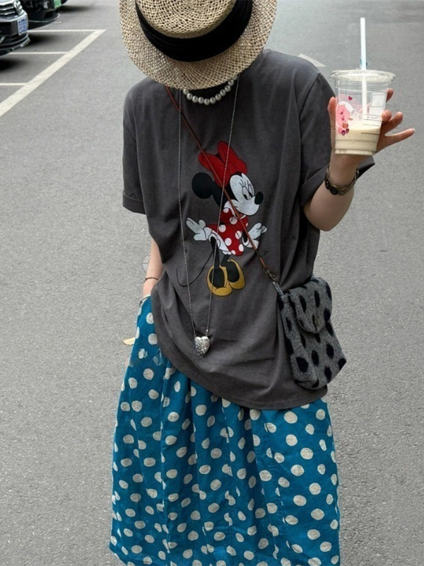 ファットmm特大サイズ150kgかわいいミッキープリント半袖Tシャツレディース夏の新しいユニークなニッチルーズトップ|undefined