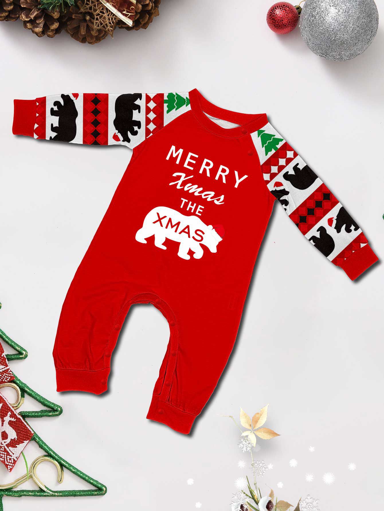 Christmas tree Bear letter stripes Christmas family dress printed home wear_voghion.com