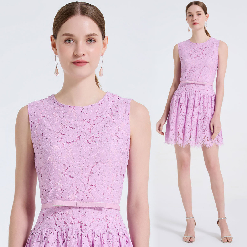 Real Shot of High-End Full Lace Stereo Flower-Shaped Slim Short Pleated Skirt and Elegant Dress