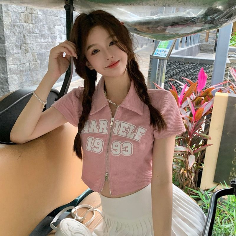 Letter printed short-sleeved T-shirt for women Summer new style zipper lapel design sense slim slimming navel top ins fashion Letter printed short-sleeved T-shirt for women Summer new style zipper lapel design sense slim slimming navel top ins fashion