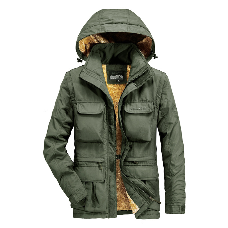 Trajes de algodón transfronterizos de hombre otoño y invierno nuevos tipos de bolsas al aire libre herramientas casuales sueltas a prueba de viento chaqueta con capuchón transpirable para hombres