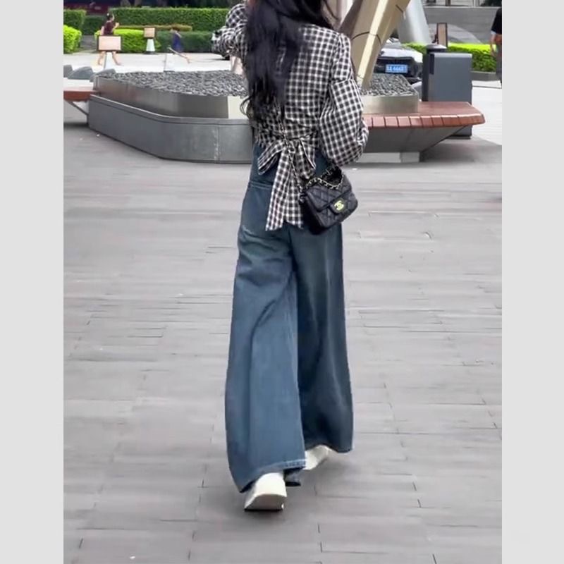 빈티지 넓은 다리 청바지 여성의 가을 2024 새로운 높은 허리 느슨한 슬림 핏 스트레이트 롱 팬츠