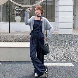 韩系穿搭显瘦遮肉套装女2026夏新款休闲开衫格纹吊带阔腿裤三件套
