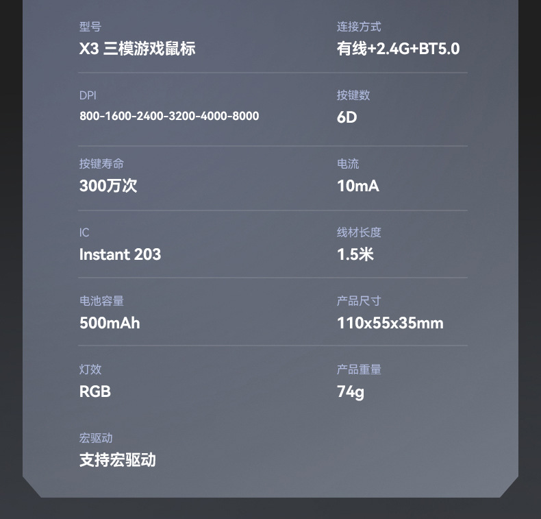 T-WOLF雷狼X3无线蓝牙鼠标三模有线游戏缕空RGB机械电竞鼠标