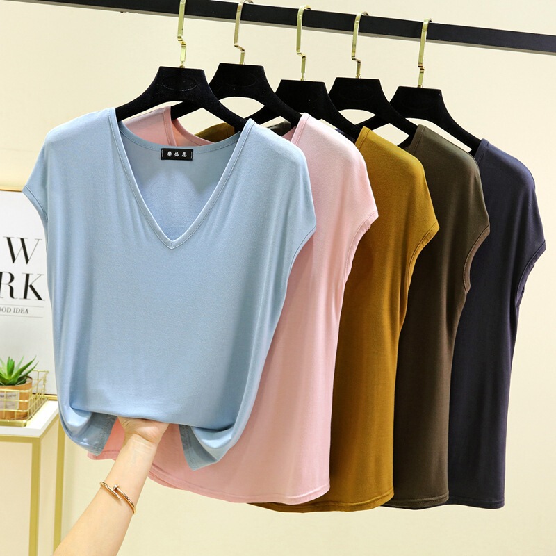 Modal V-neck sleeveless T-shirt women's summer thin loose large size base shirt underwear short home clothes top Modal V-neck sleeveless T-shirt women's summer thin loose large size base shirt underwear short home clothes top