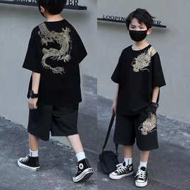 夏季装男童烫钻过肩龙t恤短袖短裤套装学生版中国风帅气半袖上衣