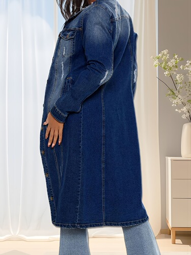 Women's Faux Denim Trench Coat Retro Medium Long Coat