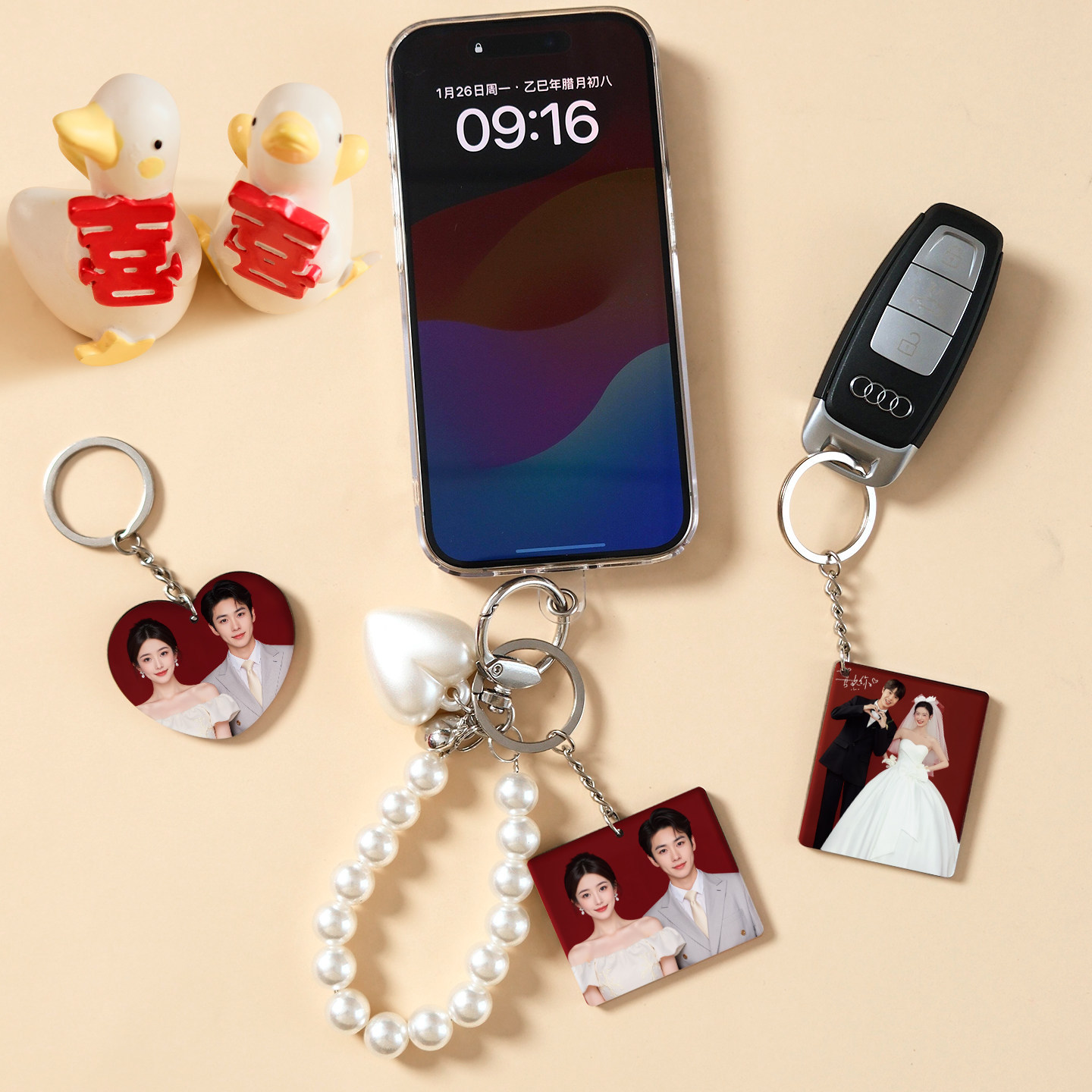 结婚创意婚礼用品订婚领证照钥匙扣设计汽车包包挂件亚克力情侣