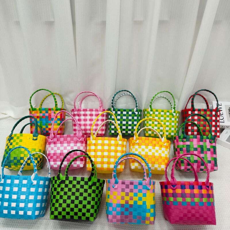 Plastic Hand-Woven Bag, Small Square Bag, Children's Bag, Vegetable Basket, Souvenir Woven Basket, Handbag, Hand-Carrying Bag