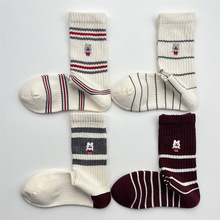 秋冬新款可爱卡通兔子刺绣袜子女韩版百搭撞色条纹中筒袜无骨棉袜