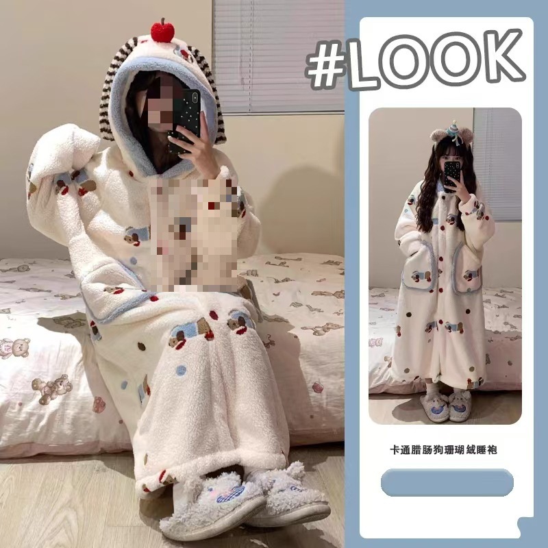 [Miniature Dachshund] Large Size Coral Fleece Hooded Pajamas Women's Winter Thickened Warm Flannel Home Clothing Set