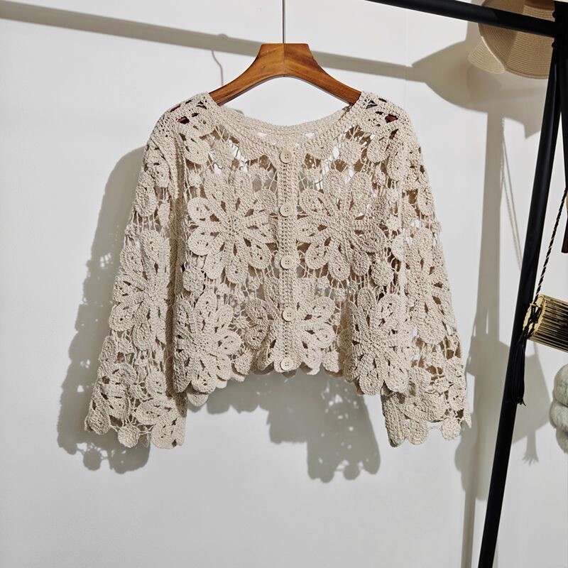 Crochet Hollow-Out Knit Cardigan for Women, New Summer Bohemian Vacation Style Long-Sleeve Shawl Sun-Protective Top Jacket Crochet Hollow-Out Knit Cardigan for Women, New Summer Bohemian Vacation Style Long-Sleeve Shawl Sun-Protective Top Jacket