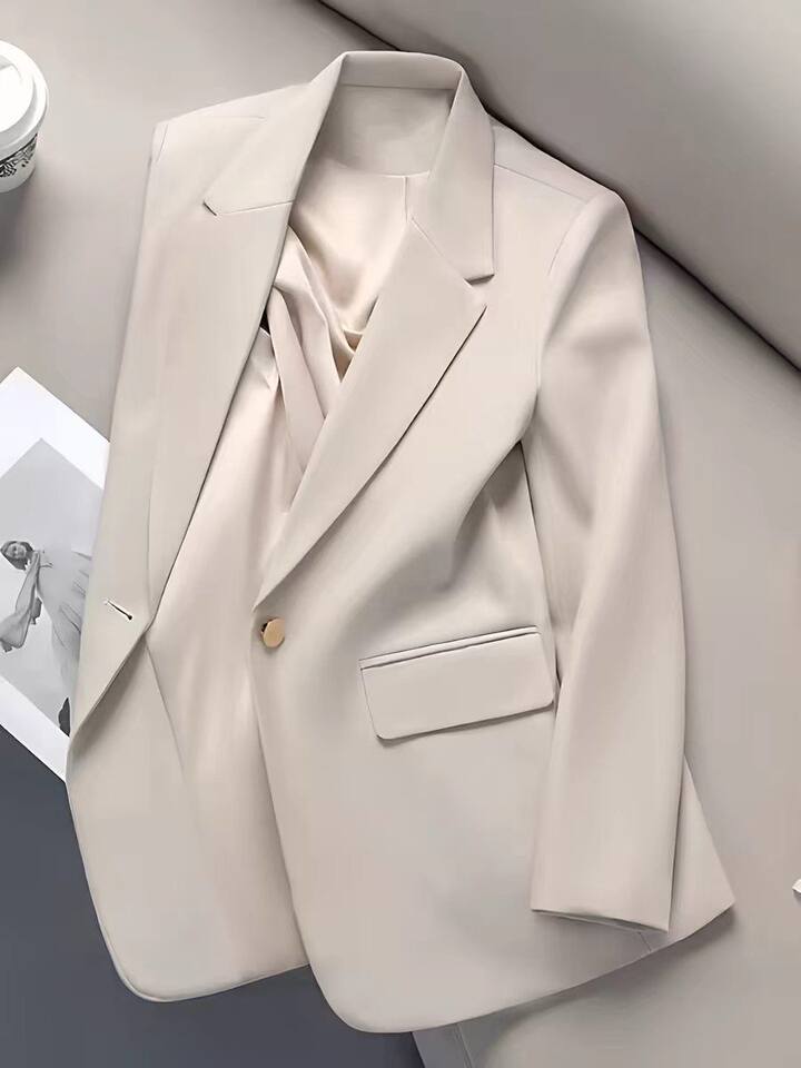 Áo vest nữ dài tay cổ vest một hàng cúc phong cách thanh lịch — Màu trắng ngà, màu đen chi tiết 3