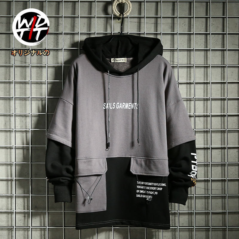 冬季街头嘻哈潮牌宽松连帽加绒工装卫衣男装大口袋帅气拼色带帽衫
