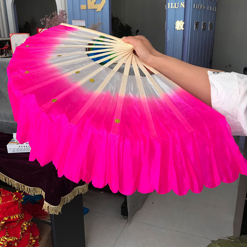 Ventilador de danza luminoso LED tricolor gradiente de seda larga doble cara props de espectáculo de escenario de danza china ventilador luminoso de seda larga