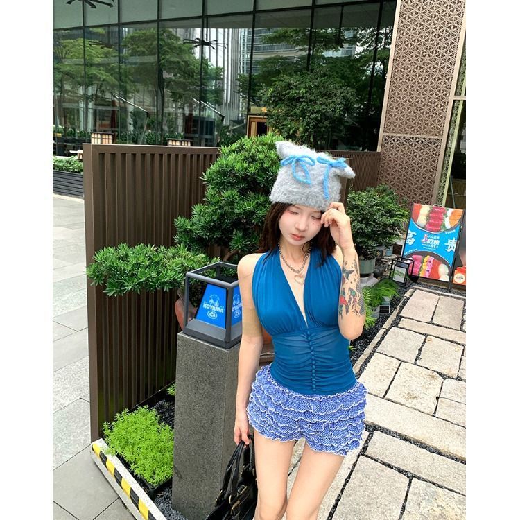 潮流甜辣风挂脖褶皱纽扣背心女秋季2025新款修身显瘦薄款露背上衣|undefined