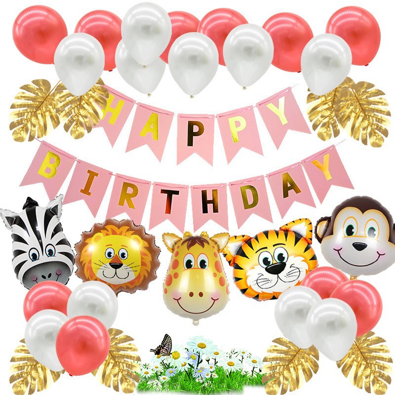 Cumpleaños globo traje cola de pescado tire bandera bosque animal tema niño dibujos animados globo niños cabeza animal